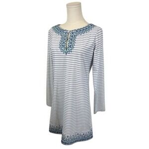 Cabana Life Striped Dress Embroidered Neckline Long‎ Sleeve Cover Up Size M